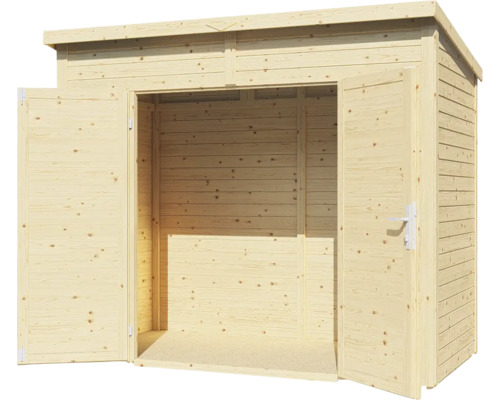 Holzgartenhaus mit geöffneten Doppeltüren