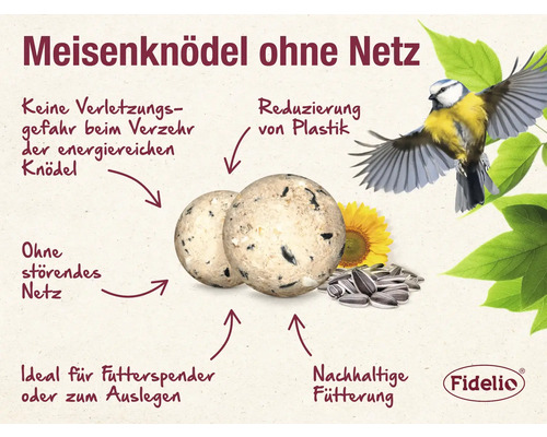Meisenknödel ohne Netz mit Sonnenblumen und fliegender Blaumeise