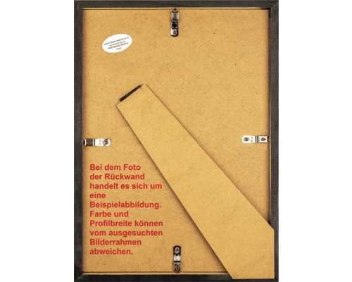 Rückseite eines Bilderrahmens mit Aufhängevorrichtung und Aufsteller