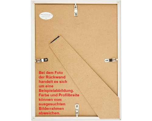 Rückseite eines Bilderrahmens mit Aufhängevorrichtung und Aufsteller