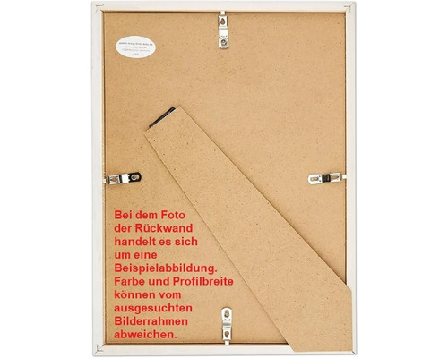 Rückansicht eines Bilderrahmens mit Aufhängevorrichtung und Ständer