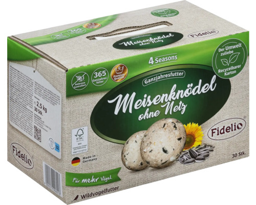 Nourriture pour oiseaux sauvages Fidelio 30 boules pour mésanges sans filet dans un carton 2,5kg également comme nourriture pour oiseaux toute l'année, contrôlé à l'Ambrosia Nourriture pour oiseaux sauvages Fidelio 30 boules pour mésanges sans filet dans un carton 2,5kg également comme nourriture pour oiseaux toute l'année, contrôlé à l'Ambrosia
