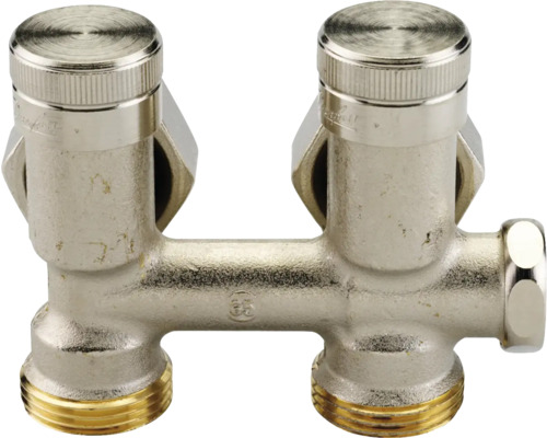 Doppelanschlussverschraubung aus Metall mit zwei Absperrventilen