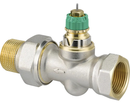 Vanne de radiateur avec raccord de tête thermostatique et indication du sens d''écoulement