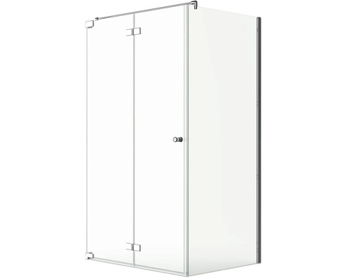 Porte de douche avec paroi latérale Jungborn SETTE porte à vantaux pliants et tournants à gauche paroi latérale à droite 120 x 90 cm profilé chrome verre transparent avec revêtement de verre résistant à la saleté et poignée bouton Cabine de douche d''angle avec portes en verre et poignée