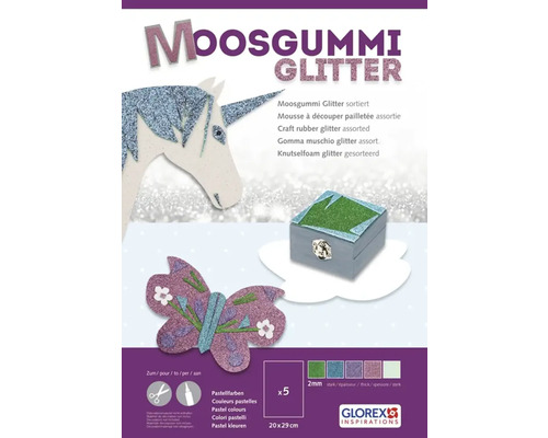 Glorex Moosgummi Glitter Set mit Motiven wie Einhorn und Schmetterling