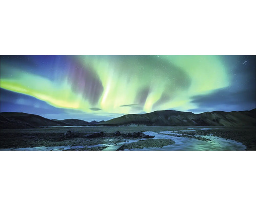 Glasbild Northern Lights 80x30 cm Panoramaaufnahme der Aurora Borealis über einer Berglandschaft mit Fluss