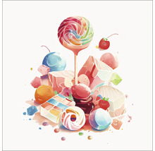 Illustration d''une sélection de confiseries, dont une sucette, de la gelée et des bonbons.