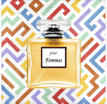 Parfümflasche für Damen mit Aufschrift auf farbigem Hintergrund