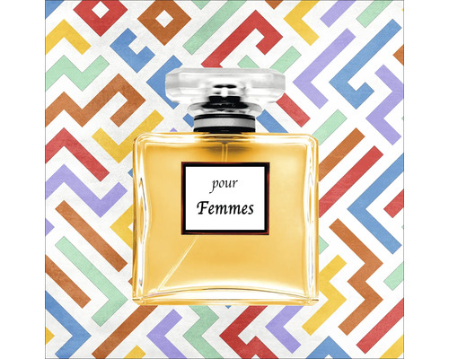 Parfümflasche für Damen mit Aufschrift auf farbigem Hintergrund