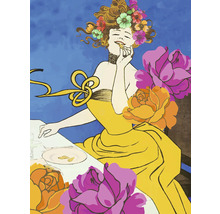 Gemälde einer Frau mit Blumen im Haar und gelbem Kleid
