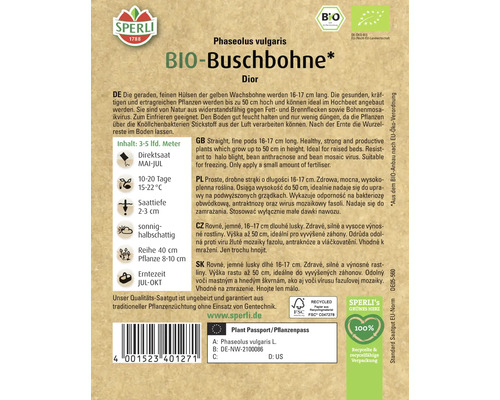 Samenpackung für Bio Buschbohnen der Sorte Dior