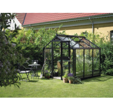 Gewächshaus im Garten mit Pflanzen und Gartengeräten