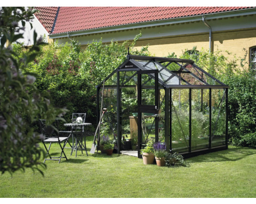Serre de jardin avec plantes et outils de jardinage