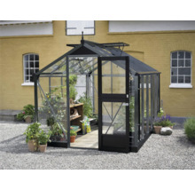Gewächshaus mit geöffneter Tür im Garten