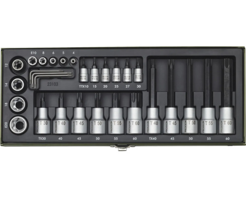 Jeu de clés à douille Proxxon TX Torx, 1/4" + 1/2", 29 pces Jeu de clés à douille Proxxon avec différentes clés, embouts et clés Allen