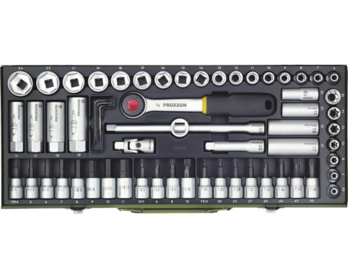 Jeu de clés à douille super compact Proxxon 3/8", 65 pces Coffret à outils Proxxon avec jeu de douilles et embouts