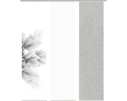 Panneau japonais impression numérique Kessi gris lot de 3 60x245 cm Panneau japonais avec fleurs de magnolia et motif structuré