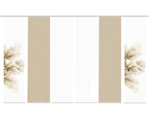 Panneau japonais impression numérique Kessi sable lot de 6 60x245 cm Panneau coulissant avec motif floral et aspect lin