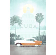 Illustration d''une scène cubaine avec une voiture ancienne et un monument en arrière-plan