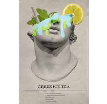 Grafik eines griechischen Eistees mit Zitronenscheibe, Minze, Strohhalm und einer Statue