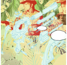 Schéma éclaté d''un pistolet sur fond floral et portrait de cow-boy