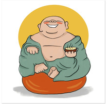 Illustration eines lachenden Buddhas mit einer Schale in der Hand