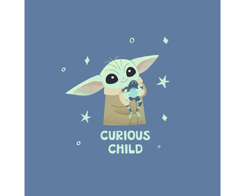 Leinwandbild The Mandalorian - Little Grogu Curious 30x30 cm Illustration von Baby Yoda mit einem Frosch und dem Text Neugieriges Kind