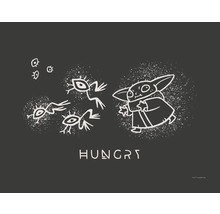 Illustration von Baby Yoda und Fröschen mit der Aufschrift ''Hungrig''.