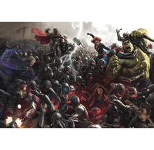 Illustration einer Schlachtszene mit mehreren Marvel-Superhelden und Robotern