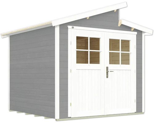 Abri de jardin gris avec double porte et fenêtres