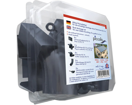 Komplettes Dachrinnenablaufset für die einseitige Montage einer Dachrinne bis sechs Meter