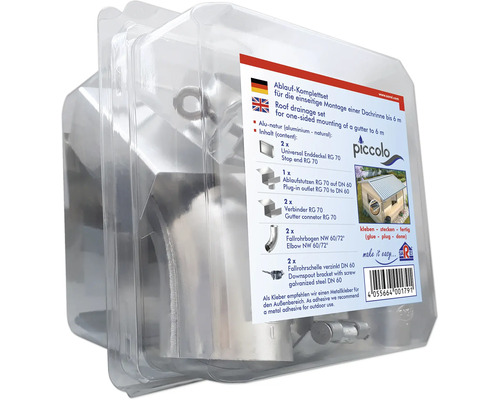 Dachrinnen Ablaufset für die einseitige Montage einer Dachrinne bis sechs Meter aus Aluminium natur