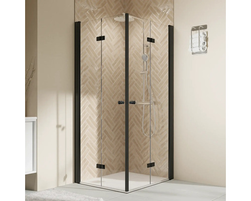 Eckeinstieg mit Drehfalttür BREUER Elana 2.0 100 x 100 cm Profil eckig schwarz Glasdekor Intima Eckeinstieg mit Drehfalttür BREUER Elana 2.0 100 x 100 cm Profil eckig schwarz Glasdekor Intima