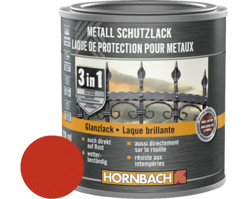 HORNBACH Metallschutzlack 3in1 glänzend feuerrot 250 ml Metallschutzlack Dose mit Farbbeispiel und Hornbach Logo