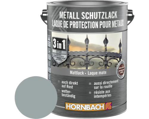 Peinture anti-rouille HORNBACH 3 en 1 mate gris argent 2,5 l Boîte de peinture de protection pour métaux, mate, applicable directement sur la rouille, résistante aux intempéries, logo Hornbach