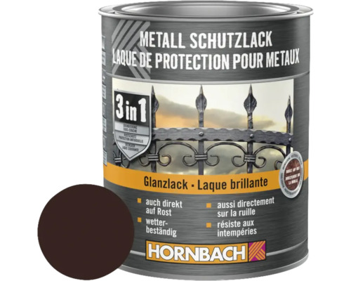 Peinture anti-rouille HORNBACH 3 en 1 brillante marron 750 ml Boîte de laque de protection pour métaux avec échantillon de couleur et logo Hornbach