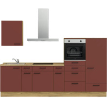 Cuisine complète avec évier, plaque de cuisson, hotte aspirante et four dans un design clair et organisé.