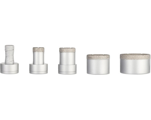 Fünf Diamantbohrkronen in verschiedenen Größen