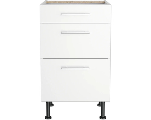 Weißer Unterschrank mit drei Schubladen und Füßen