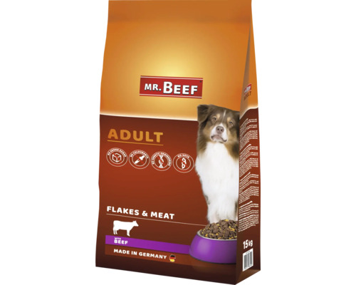 Croquettes pour chiens MR.BEEF viande en flocons 15 kg boeuf sans OGM, sans sucre ajouté industriel, sans colorants, sans soja, fabriqué en Allemagne