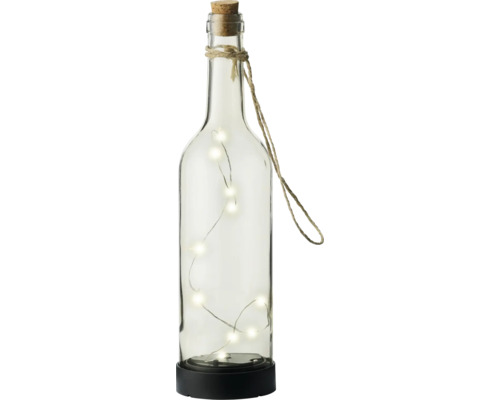 Dekorative Glasflasche mit Korken, Jutekordel und LED-Lichterkette