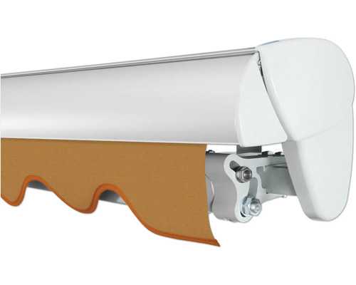 Detailansicht einer Gelenkarmmarkise mit Stoff