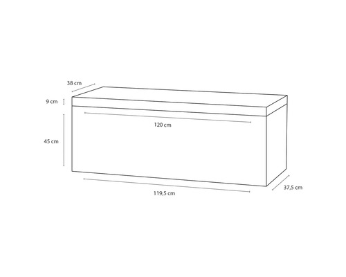 Dimensions d''un coffre de rangement : 119,5 cm x 37,5 cm x 45 cm