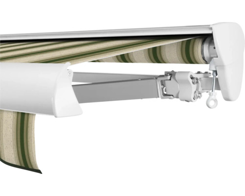 SOLUNA Halbkassettenmarkisen Classic 4x2,5 Stoff Dessin 320b70 Gestell E6EV1 silber eloxiert Antrieb rechts inkl. Kurbel