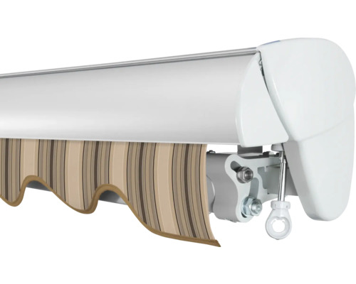 Store de terrasse avec tissu rayé et boîtier blanc