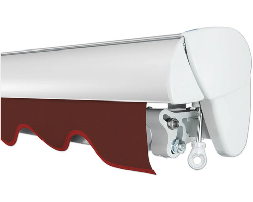 Markise mit braunem Stoff und weißem Gehäuse