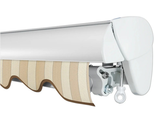 Markise mit gestreiftem Stoff und weißem Gehäuse