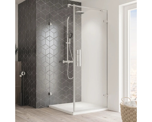 Porte de douche avec paroi latérale et porte pivotante BREUER Avanta sans cadre 90 x 90 cm profilé chromé verre transparent tirant droite butée de paroi latérale gauche