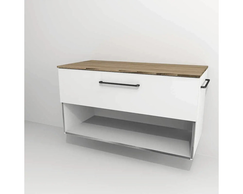 Waschtischunterschrank mit 1 Schublade und Fach Devo Sonus 2.0 BxHxT 97x52x45 cm arctic white hochglanz/natural bardolino oak Hängender Waschtischunterschrank mit einer Schublade und einem offenen Fach.